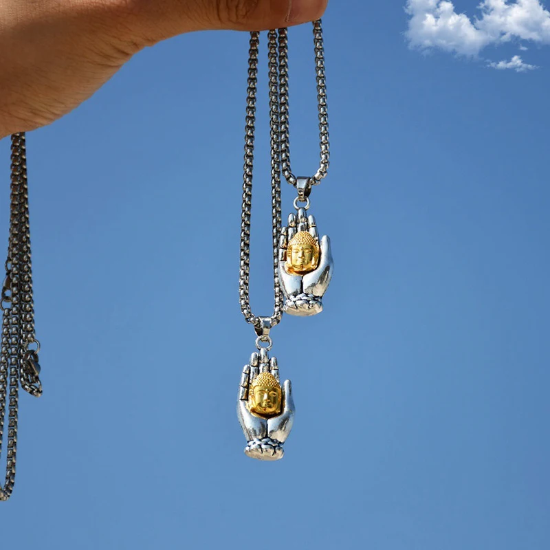 Religious Palm Buddha Pendant Box Chain Necklace For Men Buddhist Amulet Jewelry Accessories