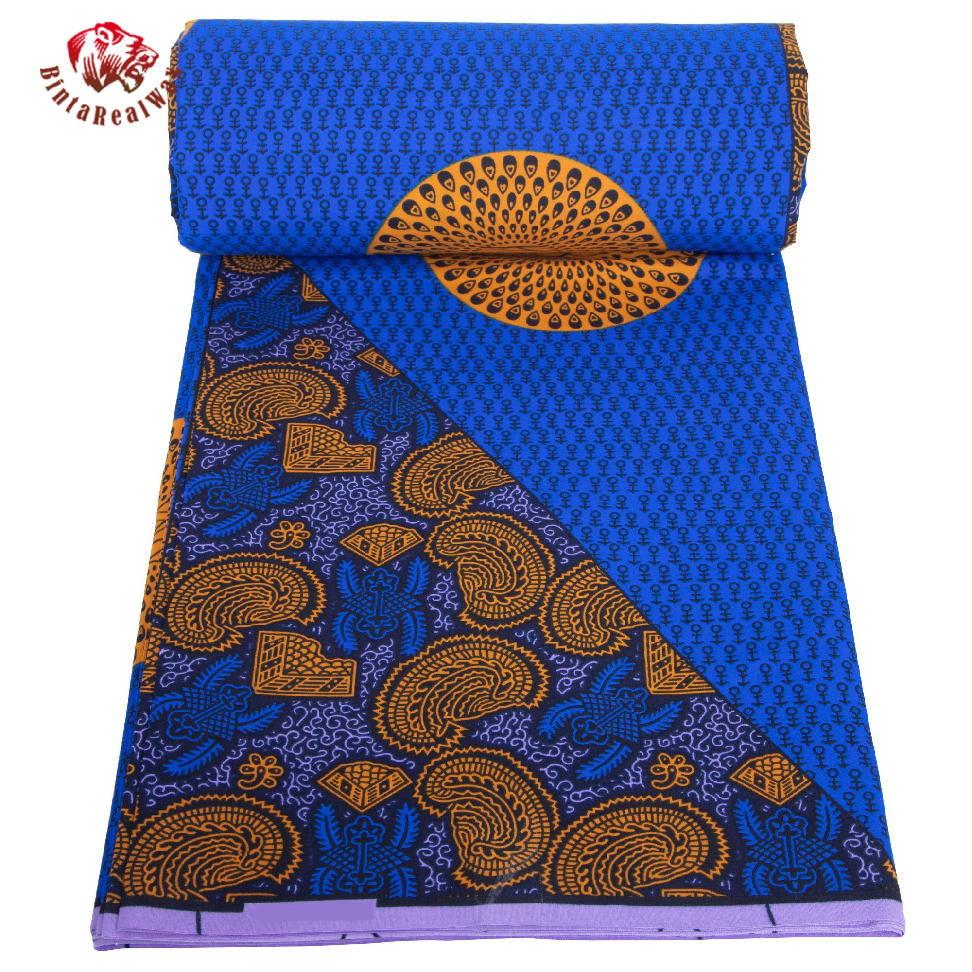African Ankara Wax Print Fabric – Blue & Gold Peacock & Paisley Design Perfect for Dress, Skirt, Headwrap FP6703 view 5
