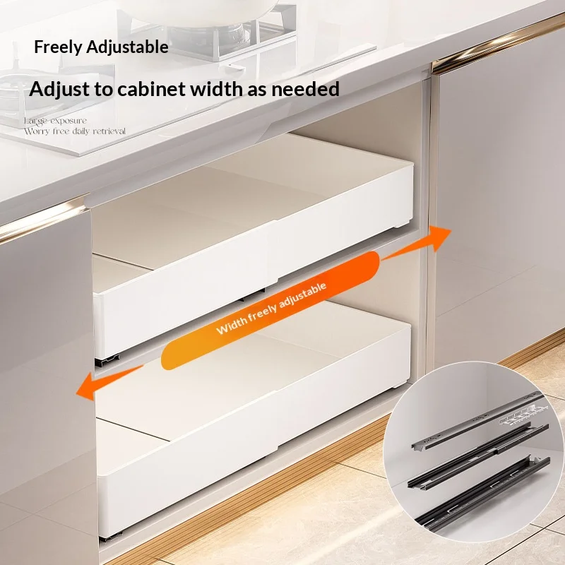 

Adjustable Slide-Out Cabinet Organizer, Extendable Drawer Basket for Dishes & Spices, Pull-Out Storage Rack for Kitchen Cabinets