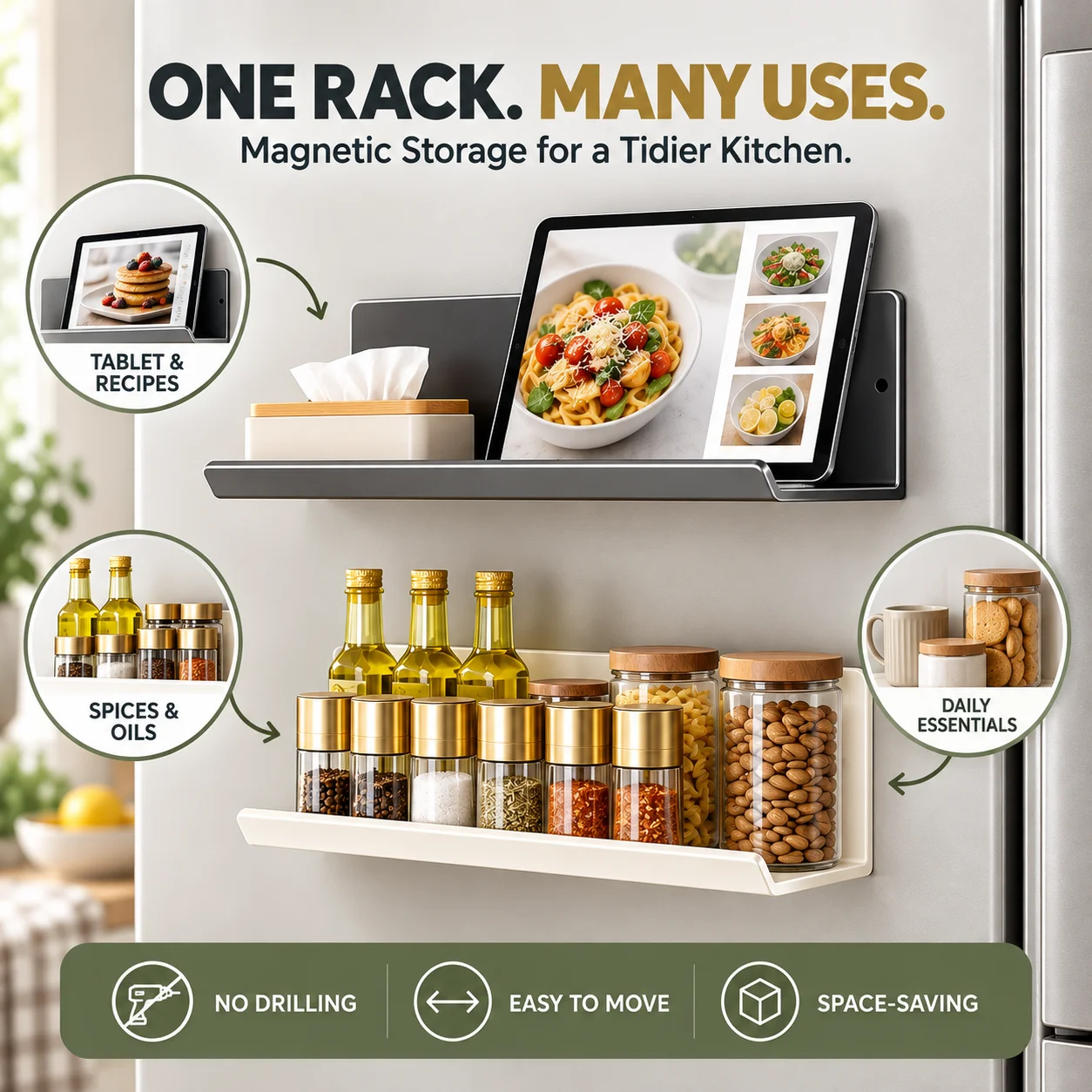 Refrigerator Storage Holder Magnetic Punch-free Wall Mount Spice Shelf Kitchen Condiment Organizer Fridge Side Storage Rack