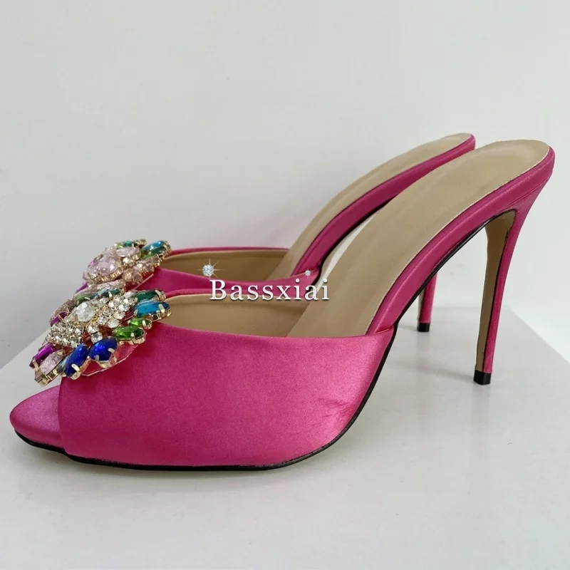 Colorful Rhinestone Buckle Decor Sandals Women 10cm Stiletto Heel Luxury Satin Slingbacks Summer Mules image 3