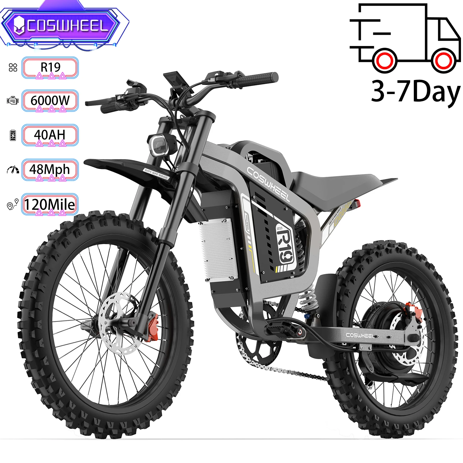 

Электрический внедорожный велосипед для взрослых COSWHELL 6000 Вт, пиковый двигатель, полная подвеска, 48 миль, 72 В, 40 Ач, 120 миль, 7 скоростей, вездеходный электронный велосипед