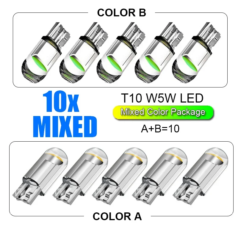 10x Mixed Colors W5W T10 LED Car Light Epoxy Resin Bulbs Auto License Plate Clearance Wedge Dome Door Reading Lamp DC12V White