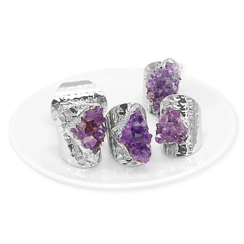 Irregular Rough Stone Amethyst Open Ring for Women Purple Crystal Cluster Gemstones Finger Jewelry