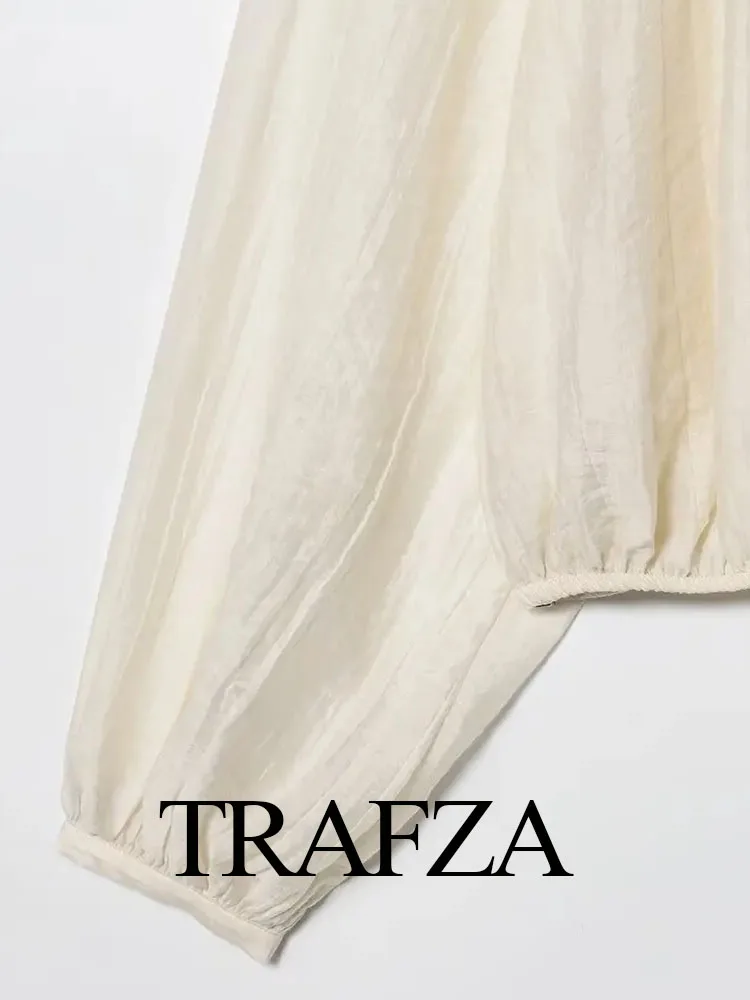 

TRAFZA Women's Autumn Fashion Solid Sweet Puff Sleeve Droop Semi-Translucent Shirt Female Elegant Sexy Tencel Fabric Loose Shirt