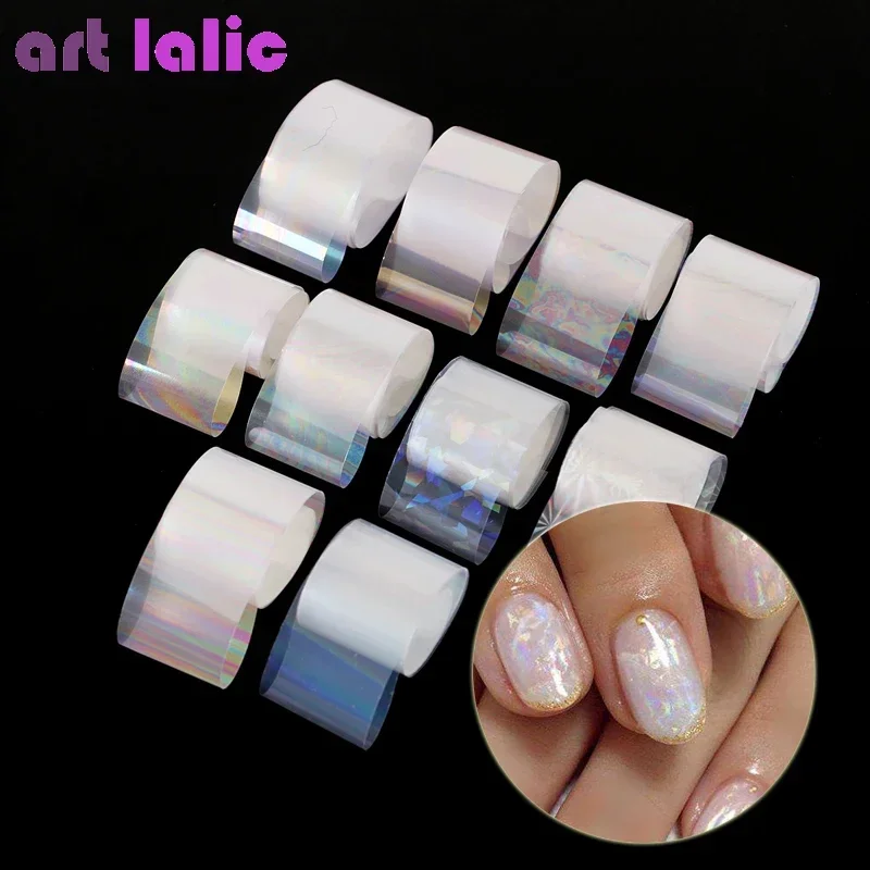 10 Rolls Holographic Nail Foil Set 2.5cm X 100cm Gradient Transparent AB Color Transfer Stickers for Manicure Nail Art Decals