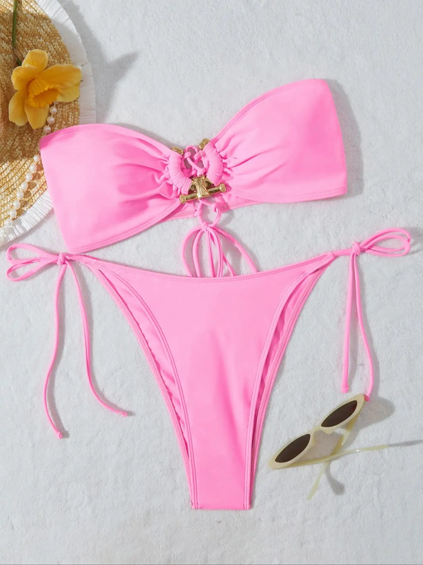 حلقة معدنية العصابة بيكيني مجموعة التعادل الجانب ثوب السباحة عالية قطع 2 قطعة ملابس السباحة انقطاع ملابس السباحة