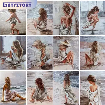 GATYZTORY-전체 사각형 다이아몬드 그림, 해변, 소녀 다이아몬드 모자이크 자수 초상화, 라인석 그림, 벽에 그림 