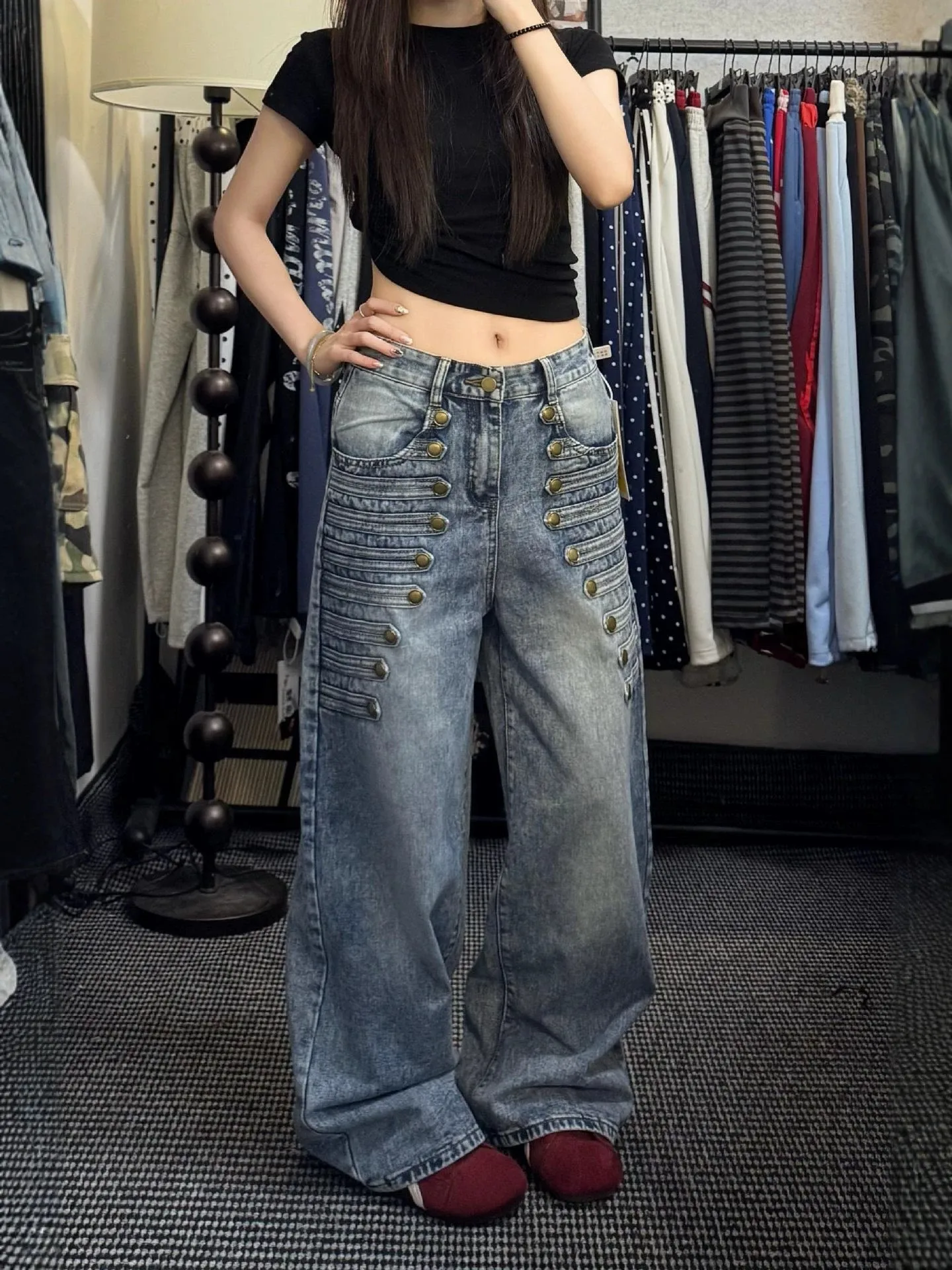 Loose Fit American Retro Court Style Multi-Buckled Denim Jeans Women's Autumn Wide Leg Floor-Length Pants High Waist Zipper C...