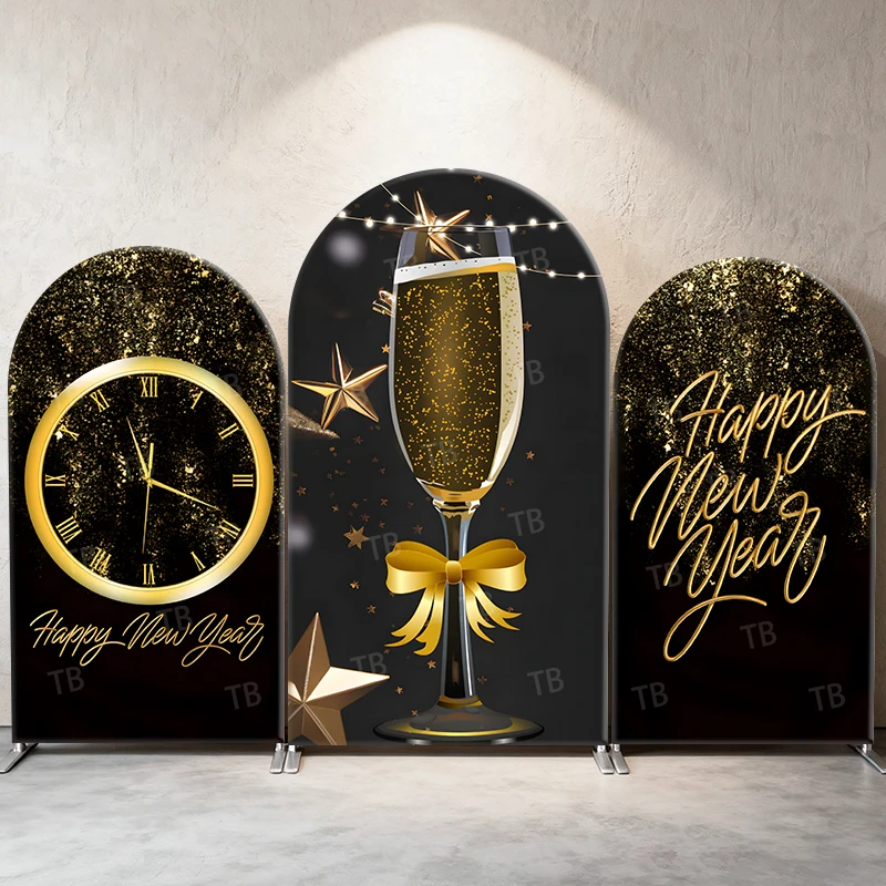

Black Gold New Year Arch Backdrop Cover Champagne Clock Decor Photo Booth Prop for New Year Eve Party Celebration Decoration