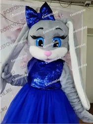 Cute Grey Hare Rabbit Mascotte Fancy Cartoon Mascot Costume Plush Fancy BLUE Dress Mascot Costume