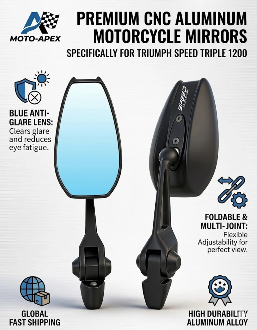 

Universal All-aluminum High-end Motorcycle Rearview Mirrors HD Convex glass For Street Triple R RS Speed Triple 1200 RS Tiger