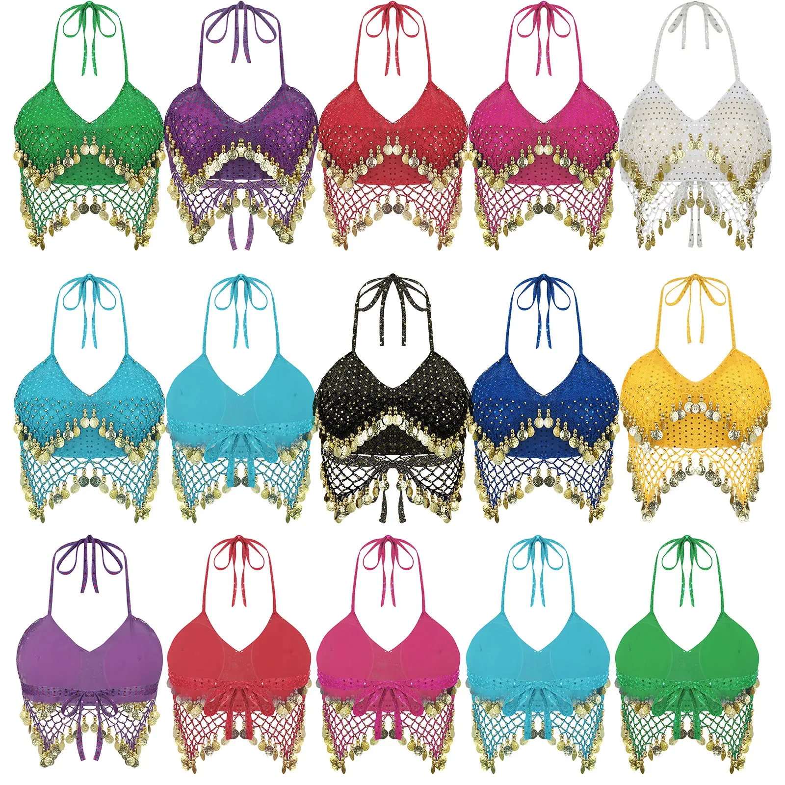 Sequins Tassels Halter Bra Belly Dance Tops for Womens Belly Dance Performance Bra Night Club Party Festival Rave Sexy Crop Tops