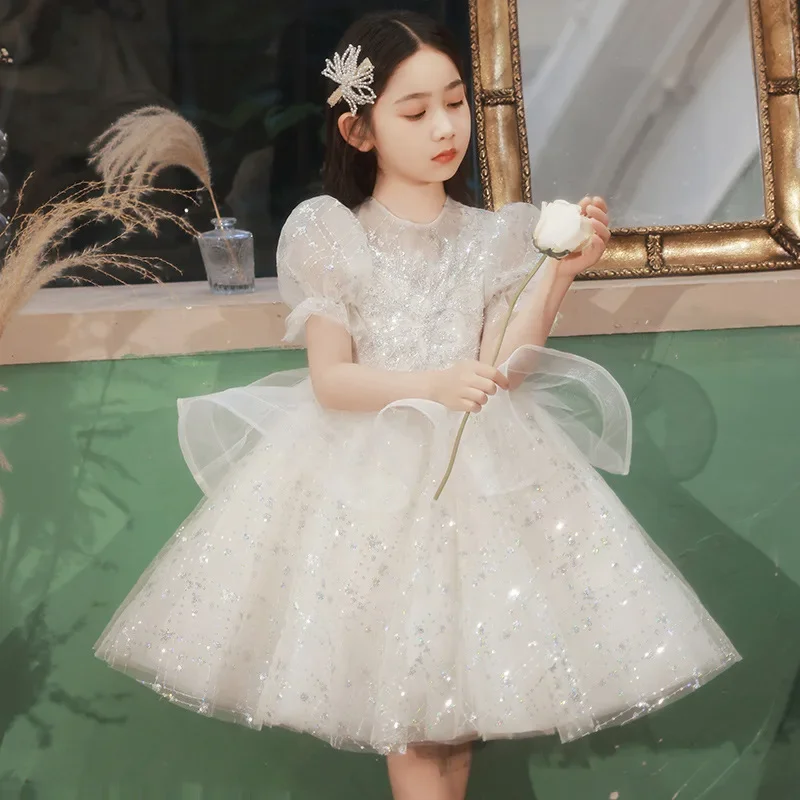 White baby girls dress 2-12year old kids dress for party wedding flower girl dress sequins CHILDREN'S pageant gown girls dress