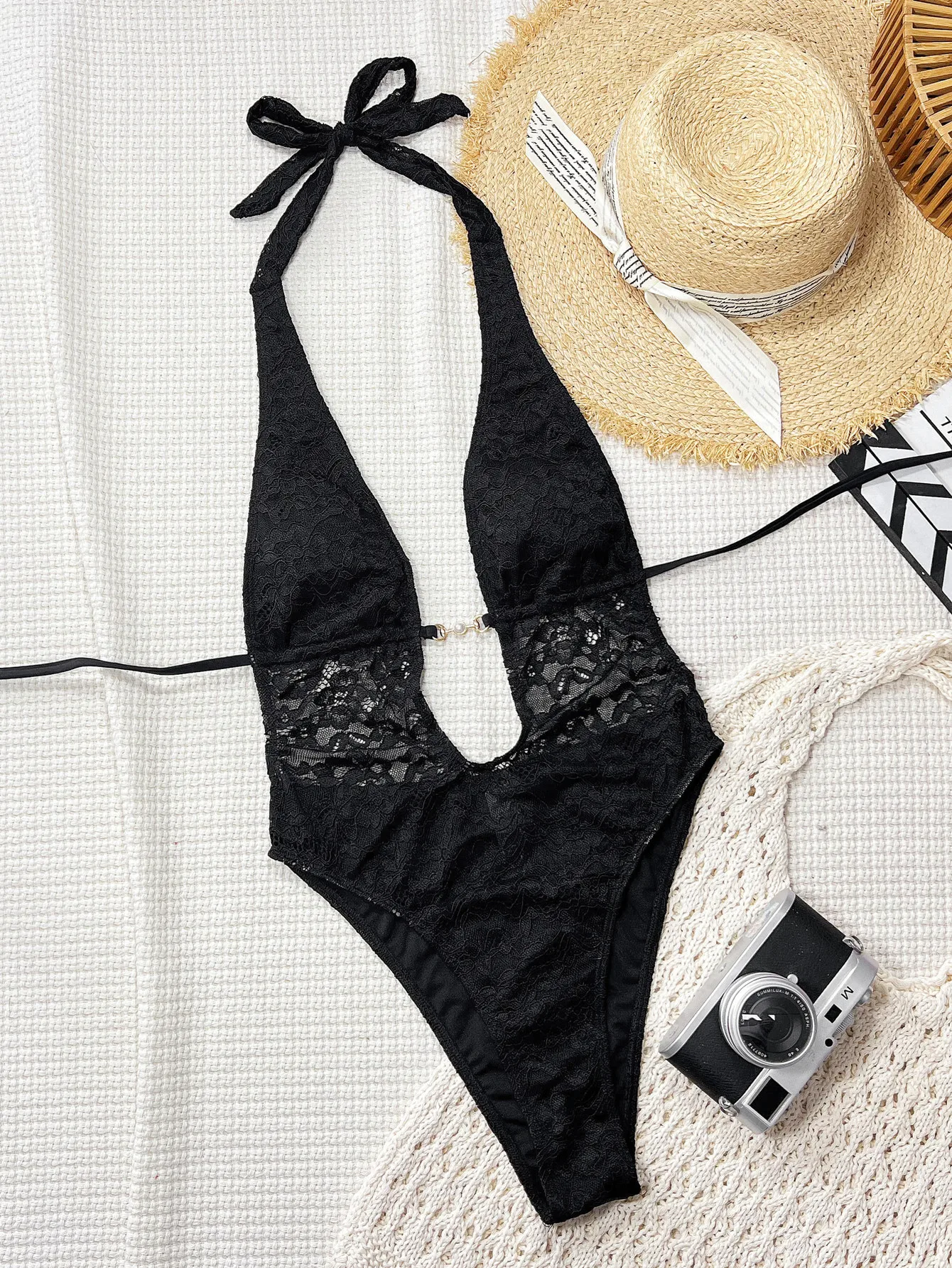 Sexy Black Splicing Lace One Piece Swimsuit Push Up Bikinis Women Backless V-Neck Swimwear Padded Mesh Bathing Suit Beach Wear