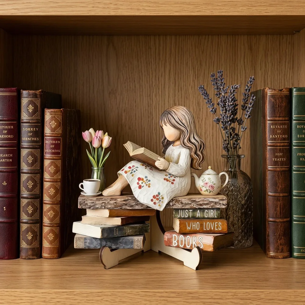 Reading Girl Wooden Bookshelf Decor