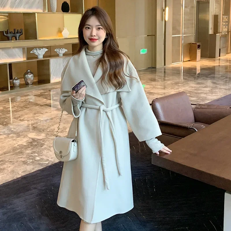 

Large Lapel Wool Blends Coats Women Double-sided Woolen Winter Atmosphere Sense Mid-length Clothing Jackets Jasmine White