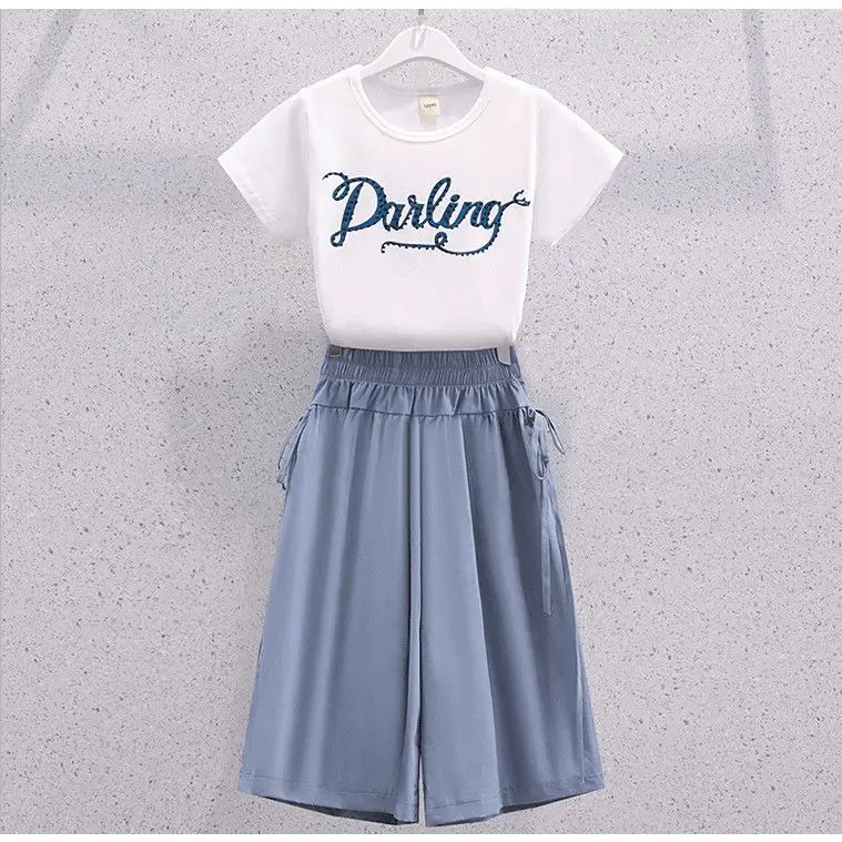2026 New Summer Girls Wide Leg Pants Casual Loose Elastic Waist Kids Clothes Solid Color Drawstring Children's Half Pants 4-14Y