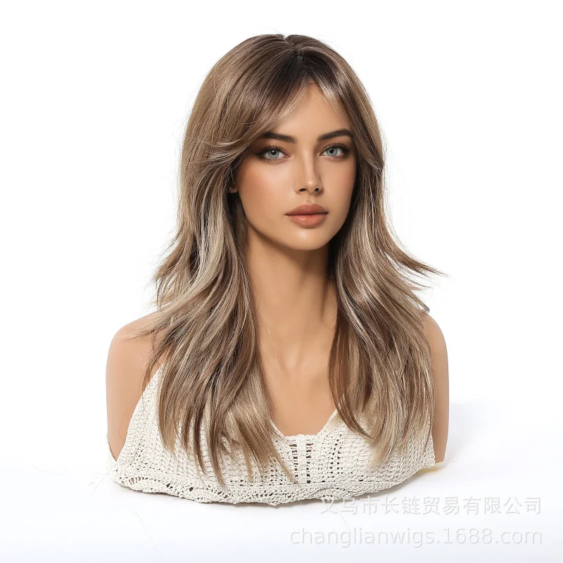 

European American style women's wig, golden brown multi-color medium-length straight synthetic hair, fashionable and natural