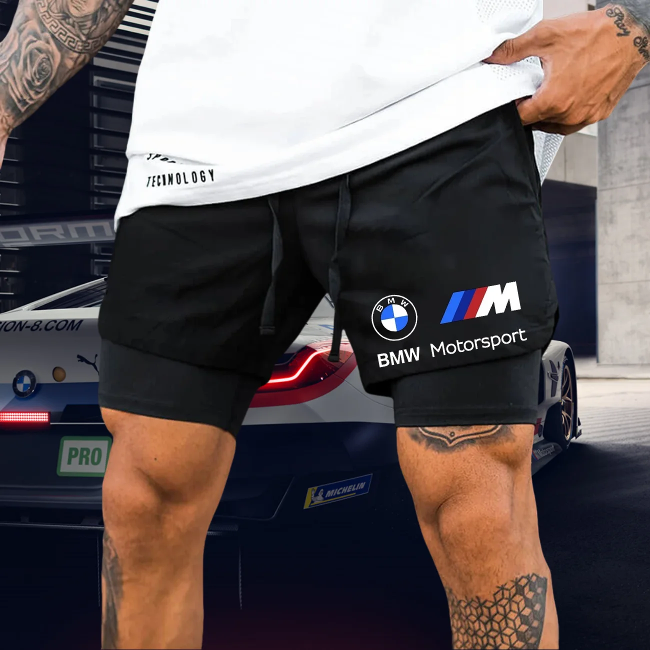 

Новинка 2024 года, мужские быстросохнущие искусственные шорты из двух предметов BMW, высококачественные автомобильные брендовые спортивные шорты для фитнеса, удобные повседневные шорты, мото