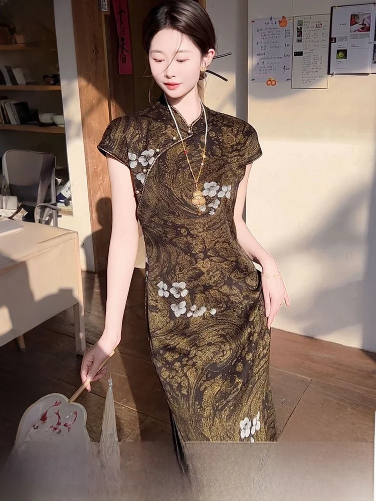 

Шелковое платье с ручной росписью, длинное, с вышивкой, в традиционном китайском стиле, для женщин, премиум-класса, из тутового шелка.