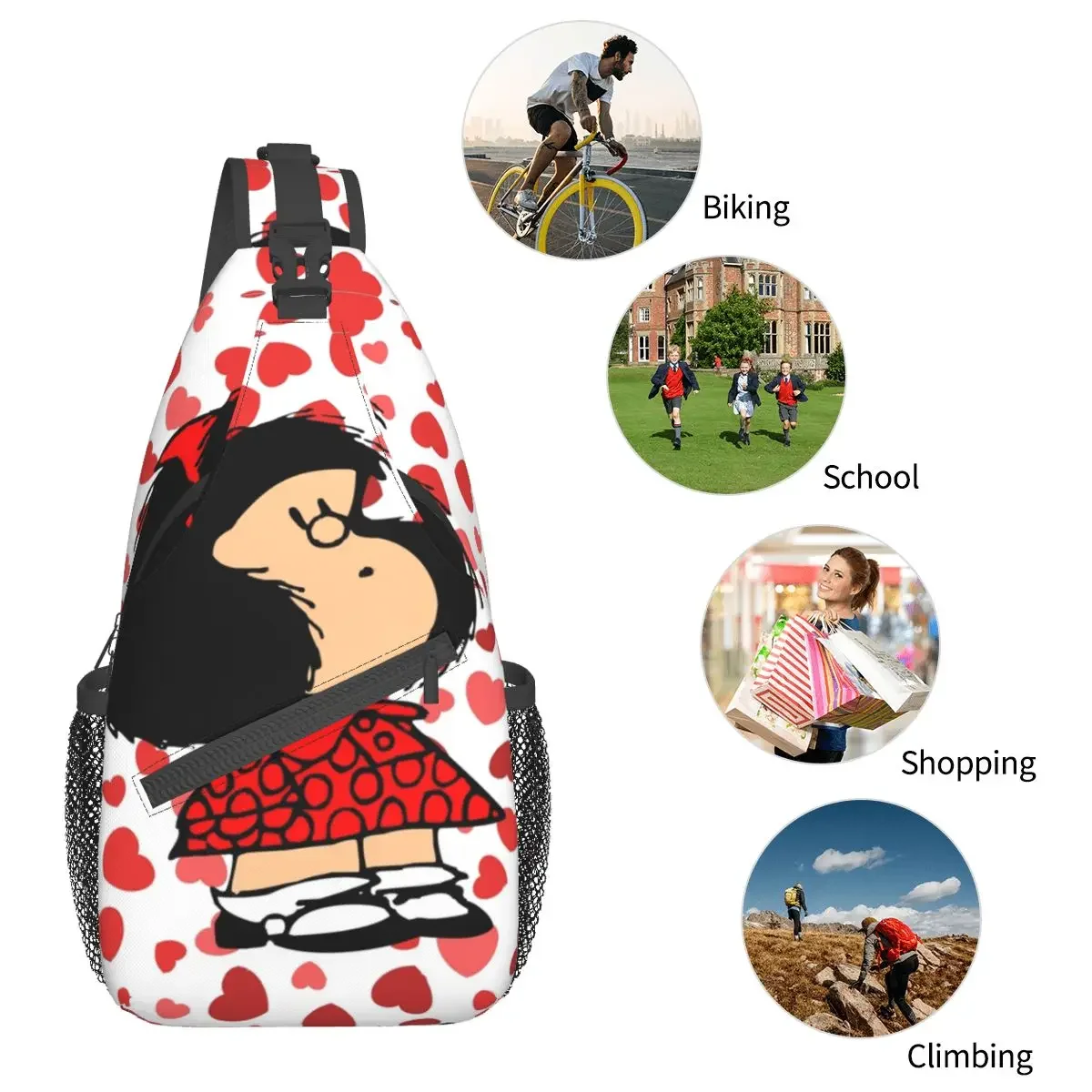 Mafalda Anime Plaid Small Sling Bag Chest Crossbody Shoulder Backpack Outdoor Sports Daypacks Men Women Satchel