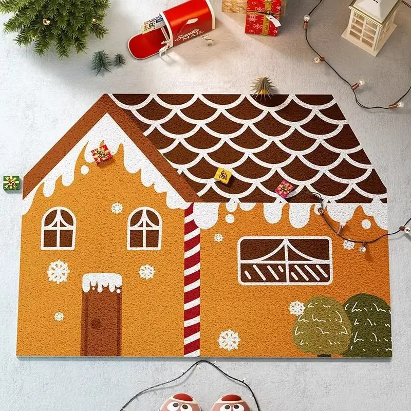 Christmas Gingerbread House PVC Wire Loop Doormat Non-Slip Dirt Trapping Entrance Mat, Easy Clean Holiday Front Door Floor Rug