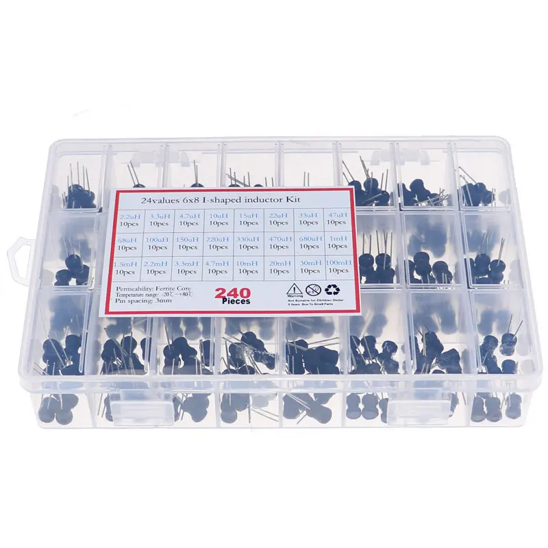 240Pcs 2.2uH-100mH 24Value x 10pcs 6*8mm Choke I-Shaped Power Inductor Assorted Kit Box