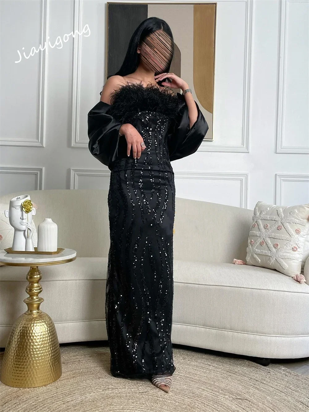 Yipeisha   Sparkle Sheath Floor Length Evening Es Paillette Feathers Satin Customized  Party Dress