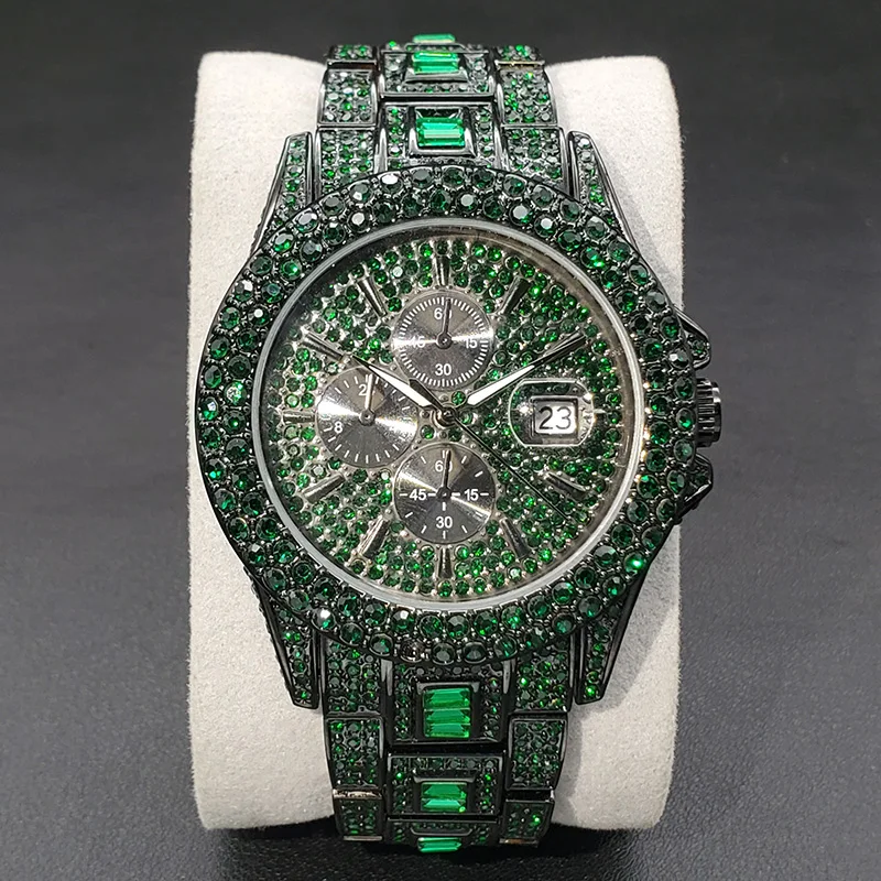 2023 New Design Diamond Watch For Men Luxury Colorful Rhinestone Purple Blue Green Quartz Watches Hip Hop Fashion Iced Out Clock