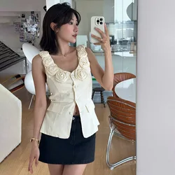 Tanks Top for Women 2024 New Spring Three-dimensional Flower U-neck Single Breasted Lace-up Slim Sweet Sleeveless Vest