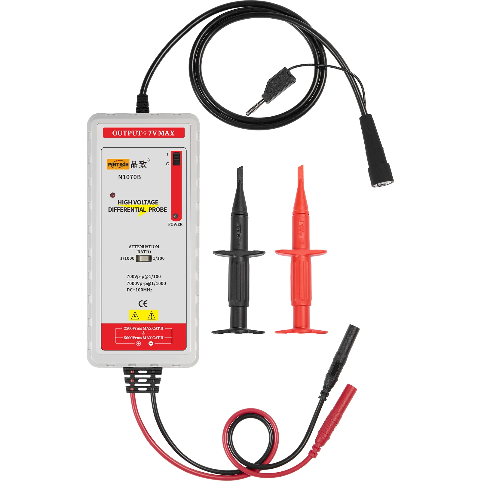 PINTECH N1070B High Voltage Differential Probe, 100MHz, 7kV, 1000X/100X Attenuation, ±1% Accuracy, Oscilloscope Probe