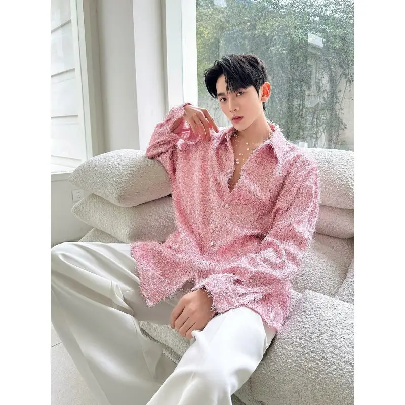 Korean Style Long Sleeve Men's Shirt Fringed Loose Fit Polyester Spring Summer Fashion Performance Group Outerwear