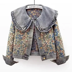 #0109 Vintage Denim Jacket Women Slim Single Breasted Short Jeans Jacket Ladies Peter Pan Collar Floral Embroidery Spring Autumn