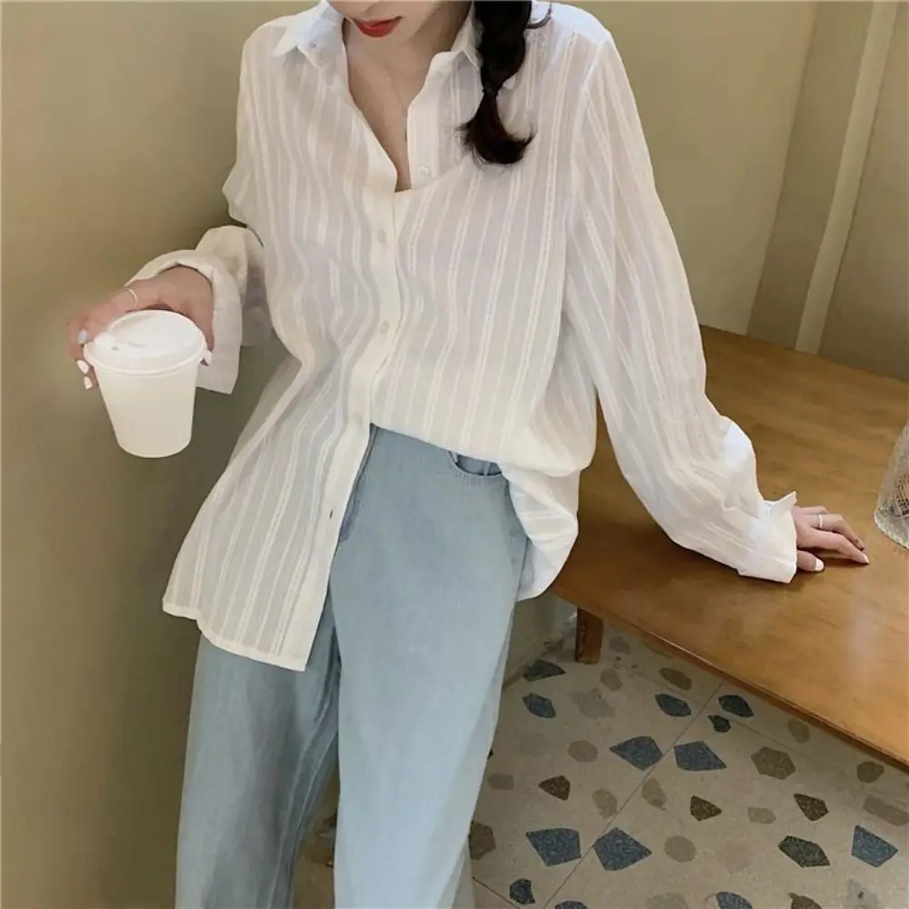 

Korean Style Sweet Strip Shirt Top Loose Thin Long Sleeve Blouse Casual Sun Protection Button Shirt for Women Streetwear
