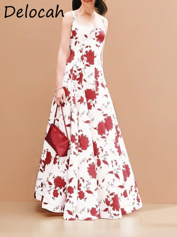 Delocah Holiday Europe and the United States Square Collar Floral Women's Swing Slip Ankle Length Printed Long Dress