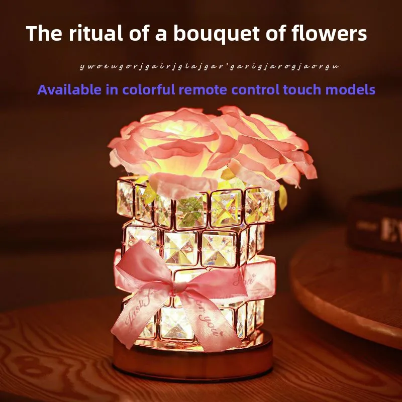 Presente do dia dos namorados rosa cristal recarregável lâmpada de mesa luz ambiente de sete cores luz decorativa do quarto das meninas
