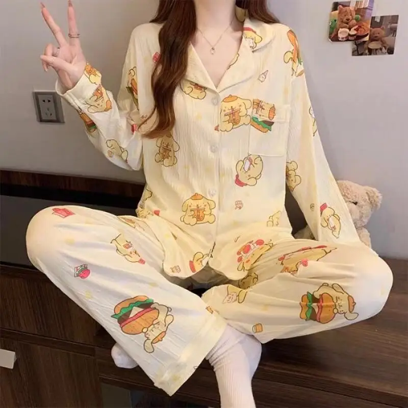 

Sanrio Pompom Purin Women Sleeping Pajamas Sets Kawaii Cartoon Autumn Long Sleeve Pant Student Dormitory Sleepwear Home Clothes