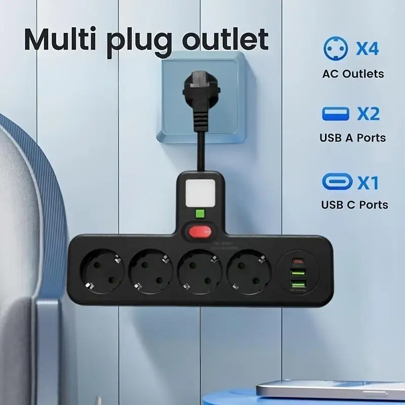 مفتاح التحكم الرئيسي لمقبس الطاقة المثبت على الحائط، 4 مقابس و3 منافذ طاقة، 2 USB و1 Type-C، سلك قصير مرن، مناسب لـ #3