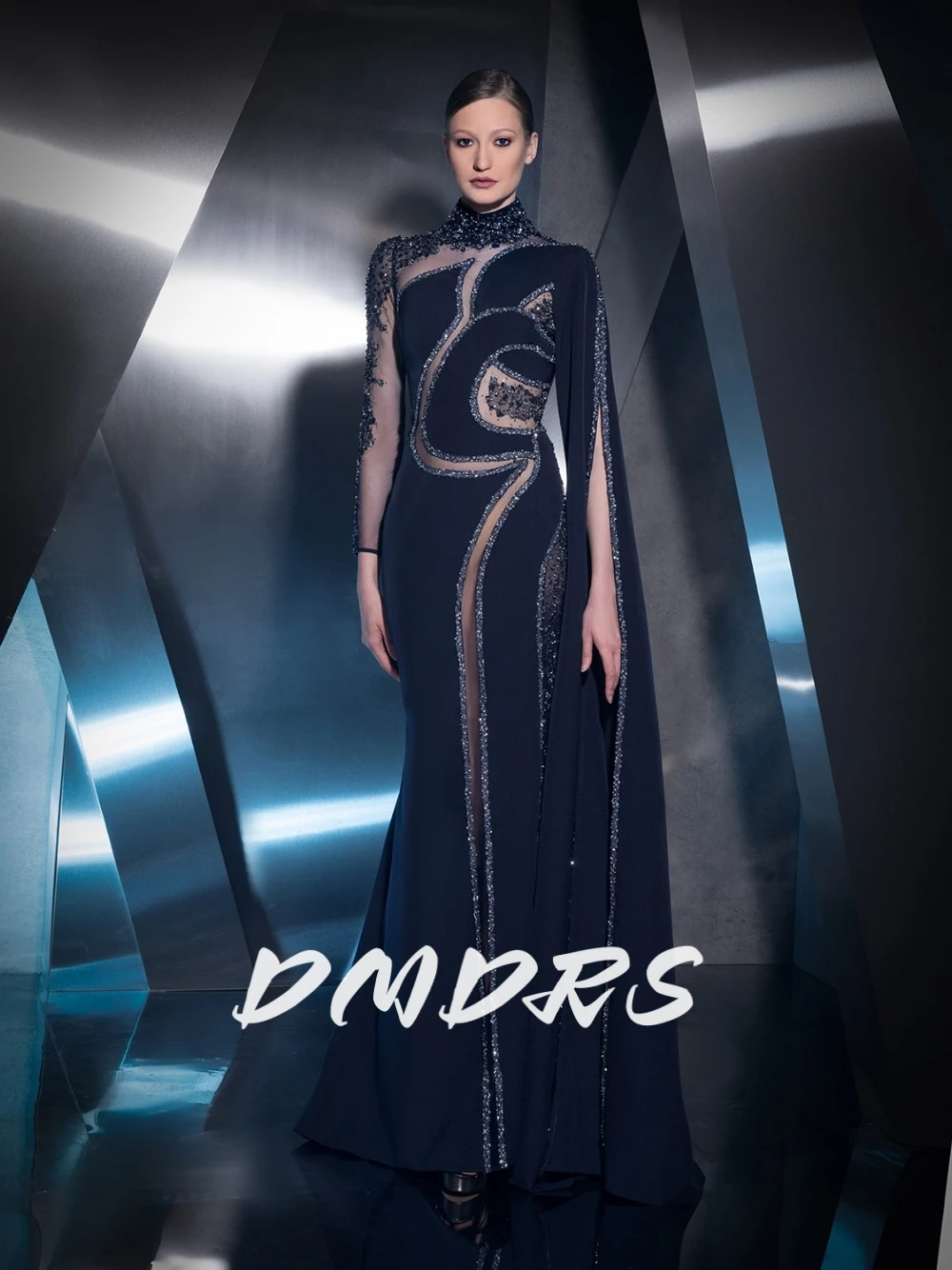 

DMDRS Navy Blue Chic Cut-out Evening Dress Sequined Glamorous Modern Mermaid Galas Women Wear Customized Mother Of Prom Gown