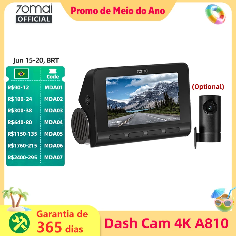 Câmera Veicular 70mai 4K A810 Conjunto Frontal e Traseiro Suporte para Módulo 4G LTE UP04 Controle Remoto GPS ADAS DVR de Carro 70mai A810