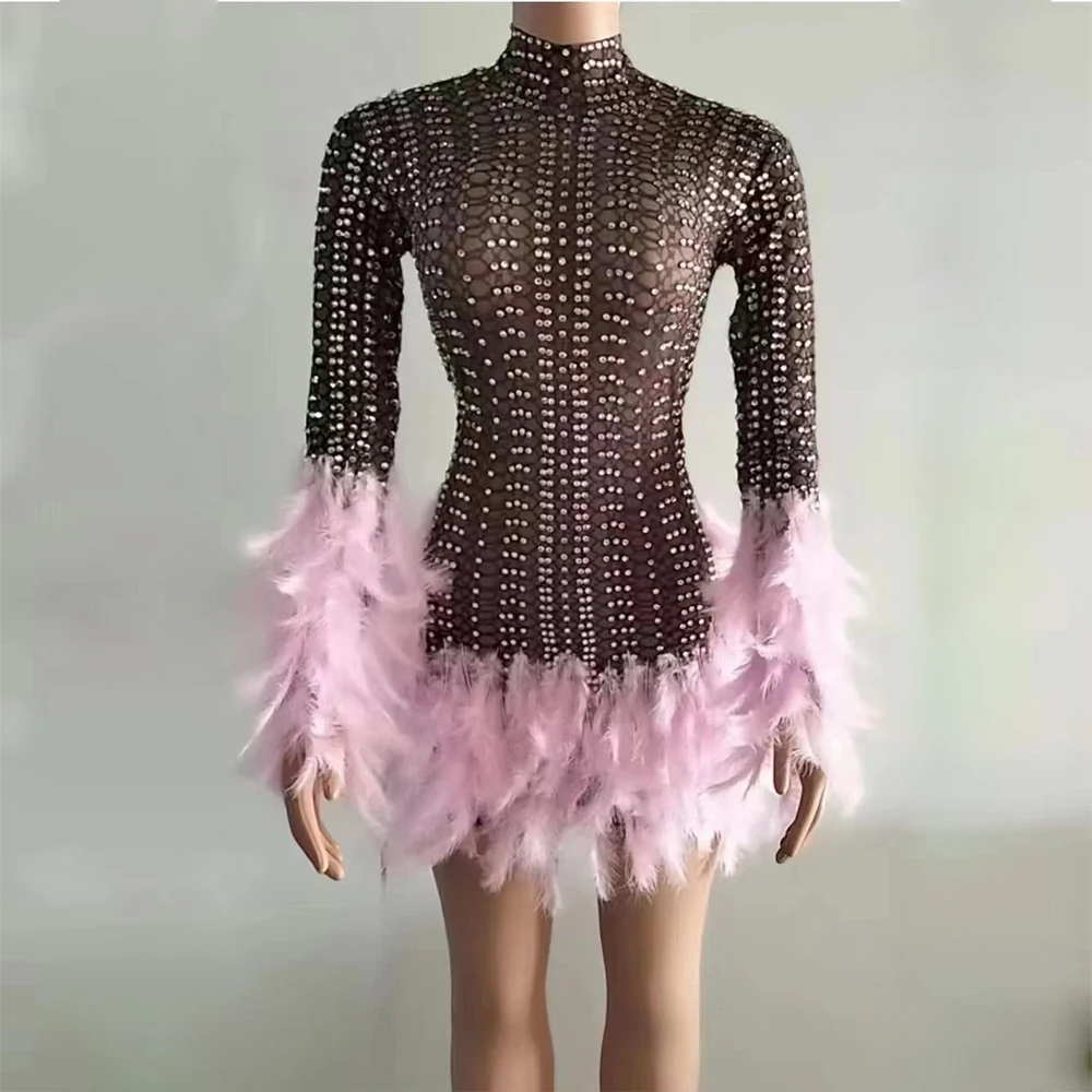 Vestido de fiesta ajustado de manga larga con borlas personalizadas, malla de plumas, encaje transparente, alto elástico, perla, Sexy, actuación en escenario