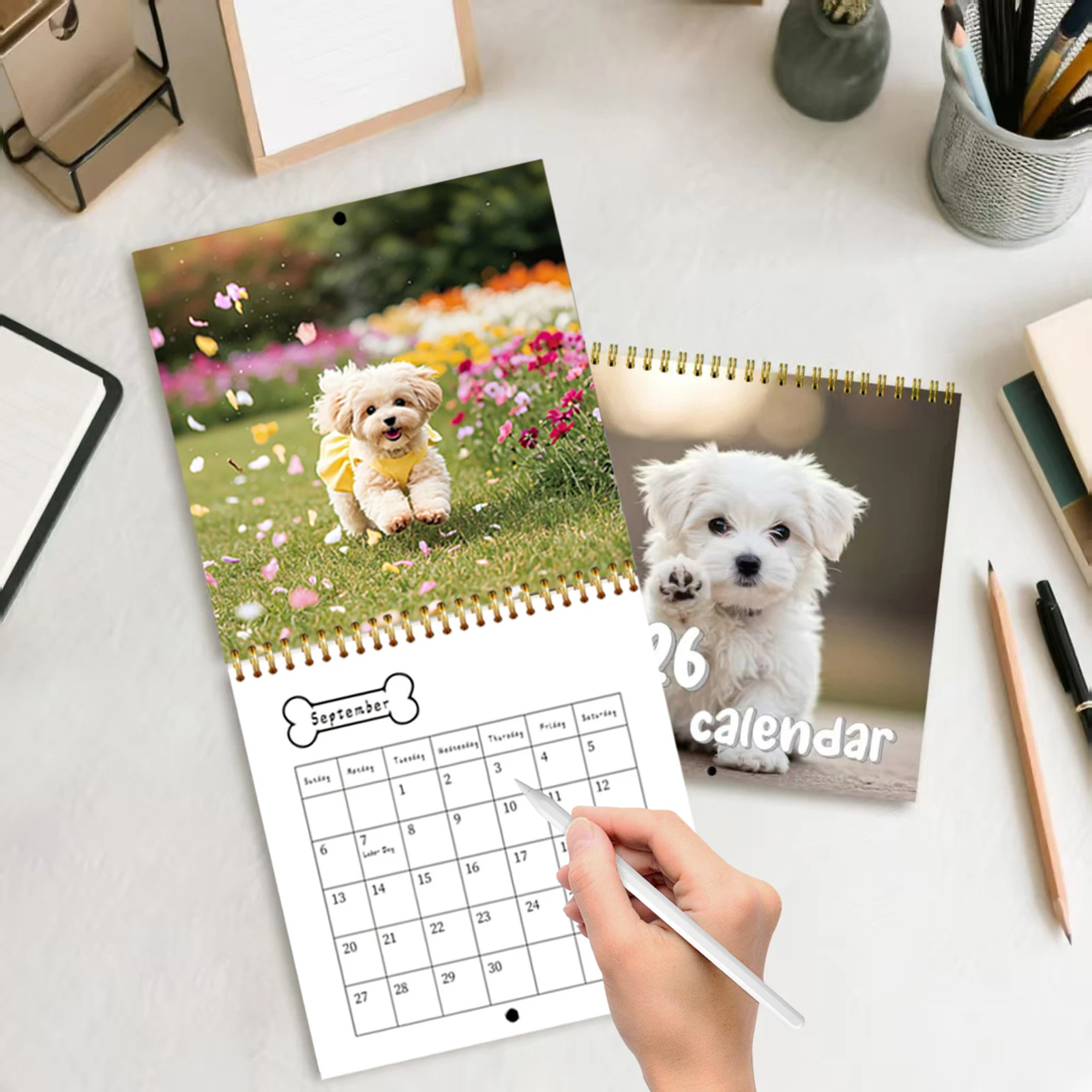 

2026 Спиральный настенный календарь на тему собаки, 12 месяцев, отрывной дизайн, милое изображение щенка для домашнего декора