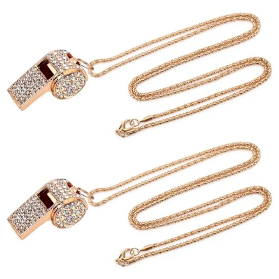 2 Buah Peluit Kristal Rhinestone Berkilau Kalung Logam Emas Peluit Suara Jernih dan Keras dengan Tali Rantai untuk Wasit Pelatih