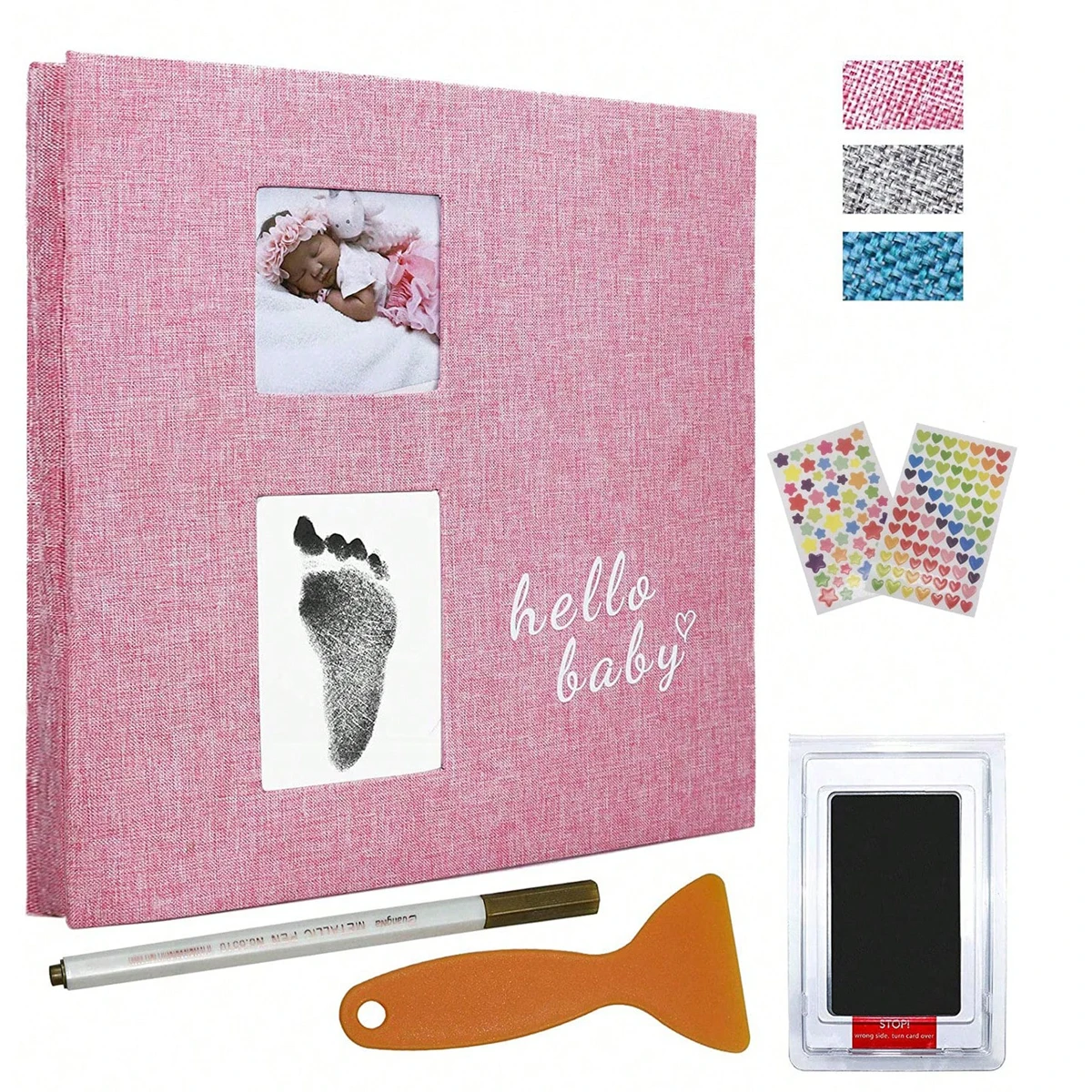 Baby photo album self-adhesive memory book 4x6 clip book set with clean hand print, and metal pen suitable for for boys girls