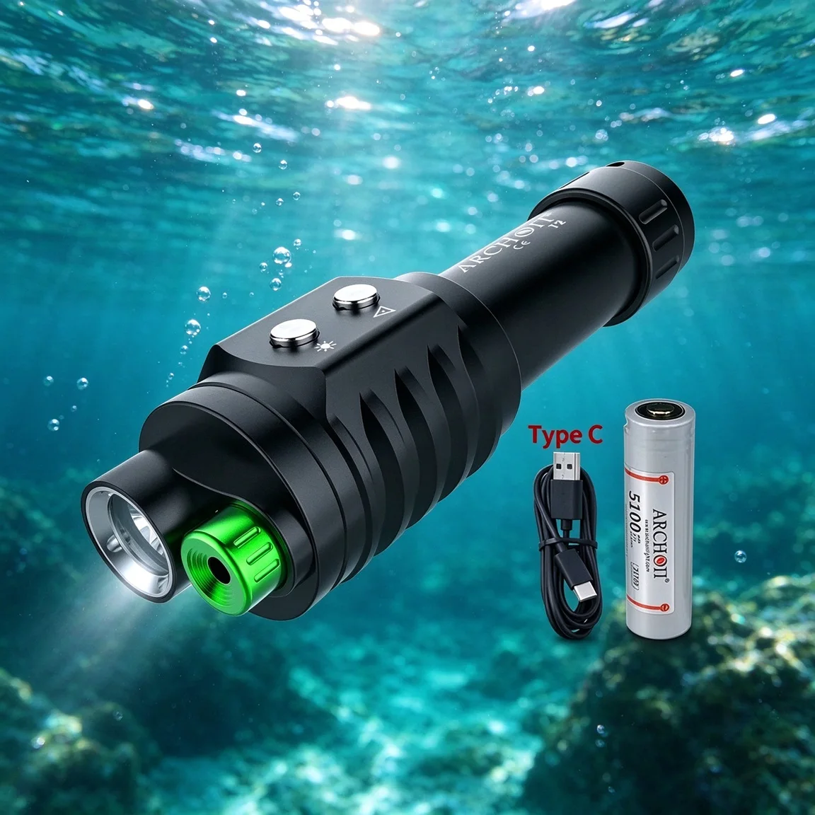 ARCHON J2 Diving LED Flashlight 1000 Lumens Torch Light Underwater 100m by Rechargeable 21700 5100Mah Battery for Self Defense