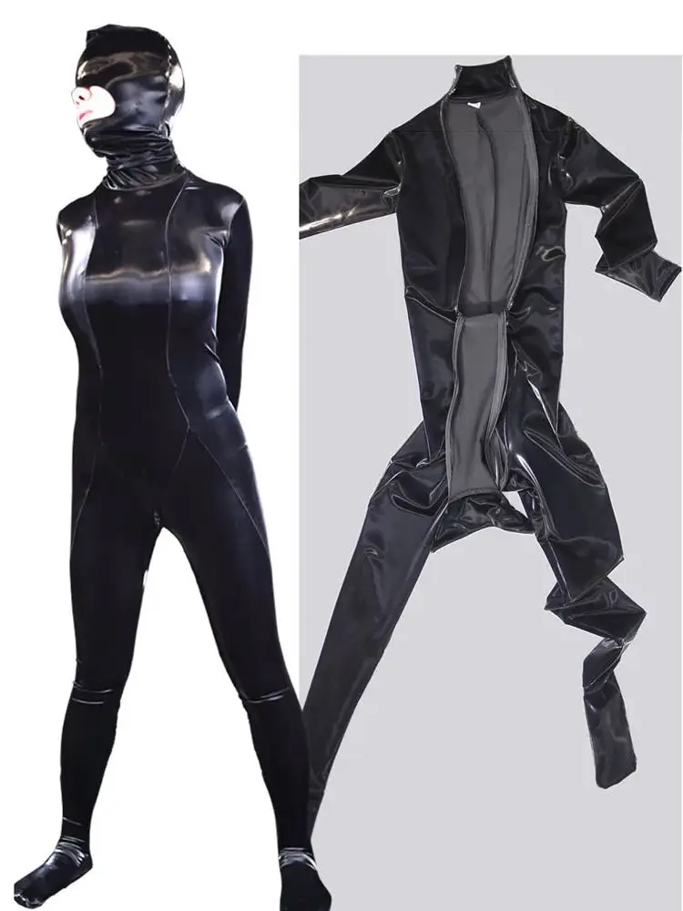 

S-4XL Shiny Elastic PU Leather Catsuit Bodystocking Zipper Bust Open Crotch Bodysuit Tights Leotard Conjoined Jumpsuit Unitard