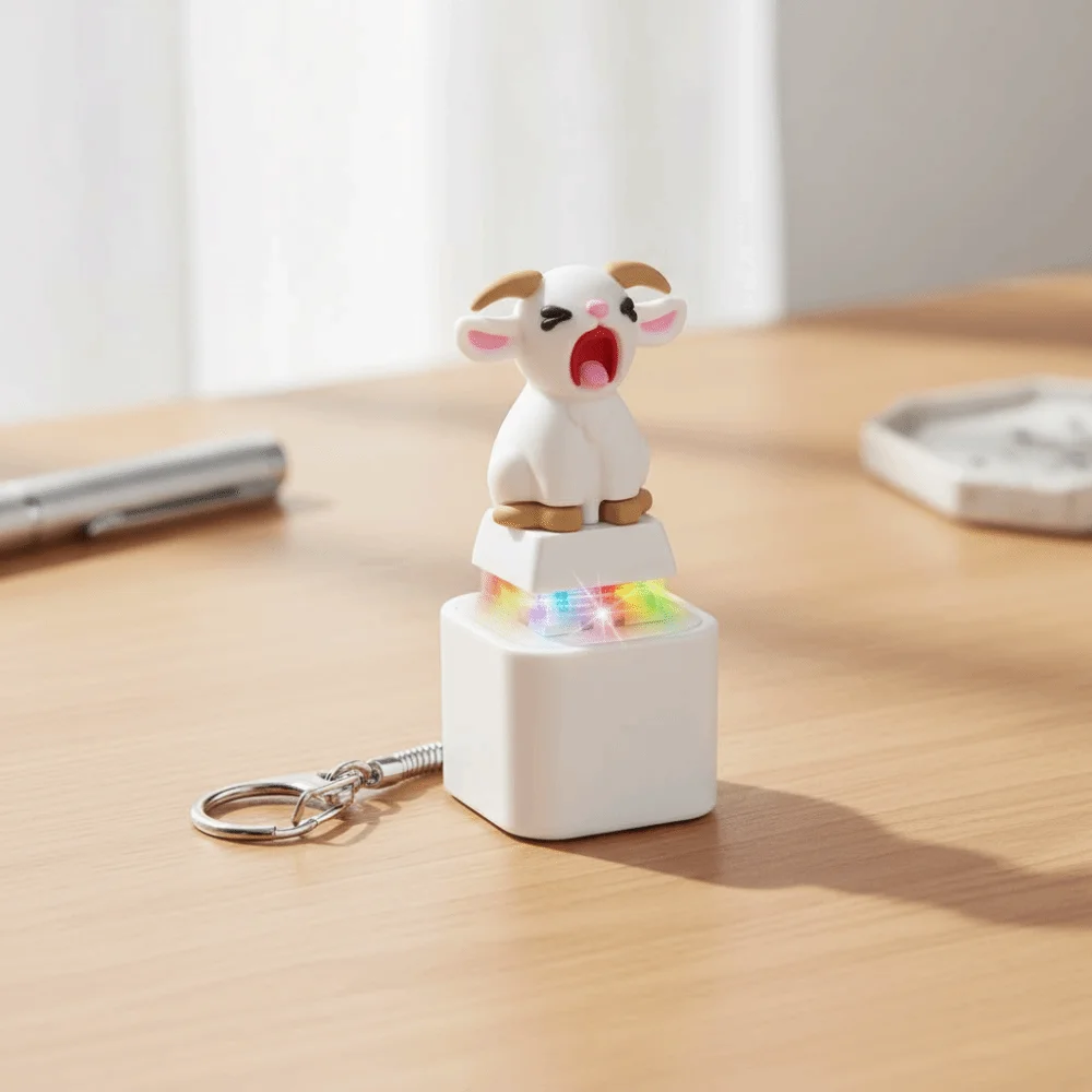Rechargeable Screaming Goat Key Chain LED-Glowing Sound-Effect Mechanical Key Cap Portable-Clicky Cartoon Cat Fidget Button view 3