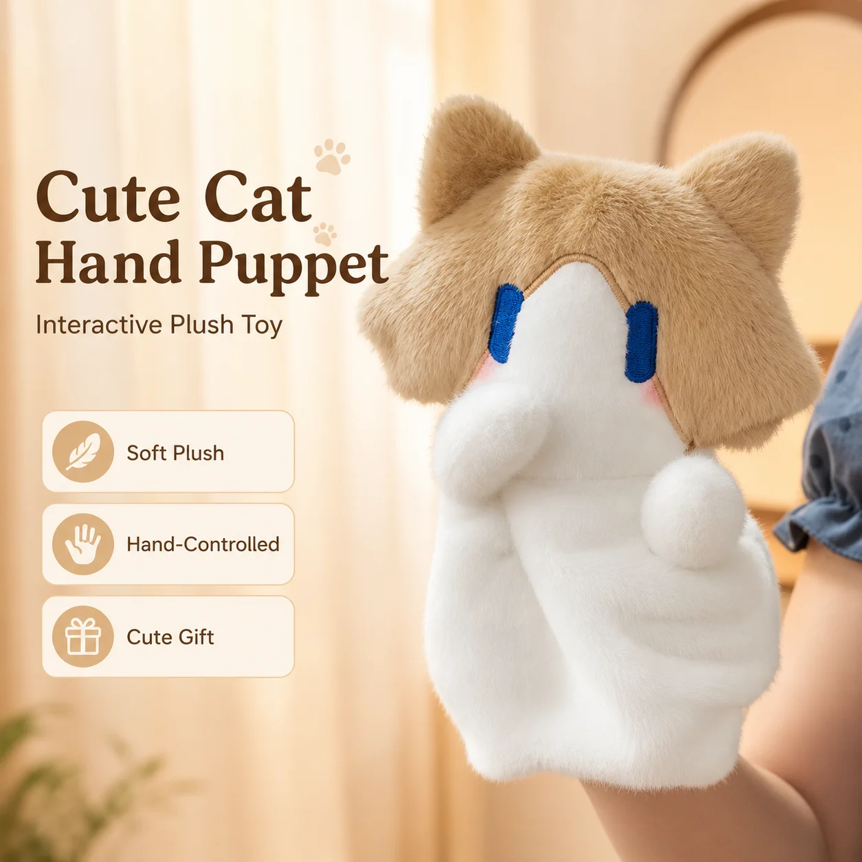 Cute Cat Hand Puppet Plush Toy Interactive Animal Doll Soft Stuffed Hand Puppet for Kids Funny Role Play Birthday Christmas Gift