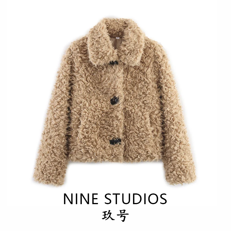 

Loose Fit Teddy Fur Jaet with ket Turn-down Collar Inteated Leather And Fur Youth Women's Casual Outerwear Top